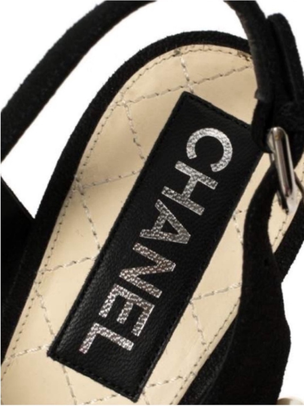 CHANEL Black Suede Faux Pearl Slingback Heeled CC 2014 Runway Sandals 37.5 - Picture 6 of 10